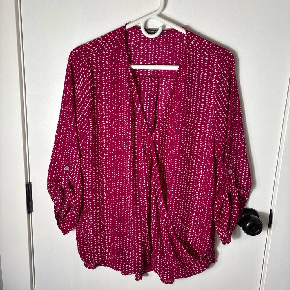 West Kei Pink Surplice Blouse XL | Abstract Print Roll Tab Sleeve Work Top